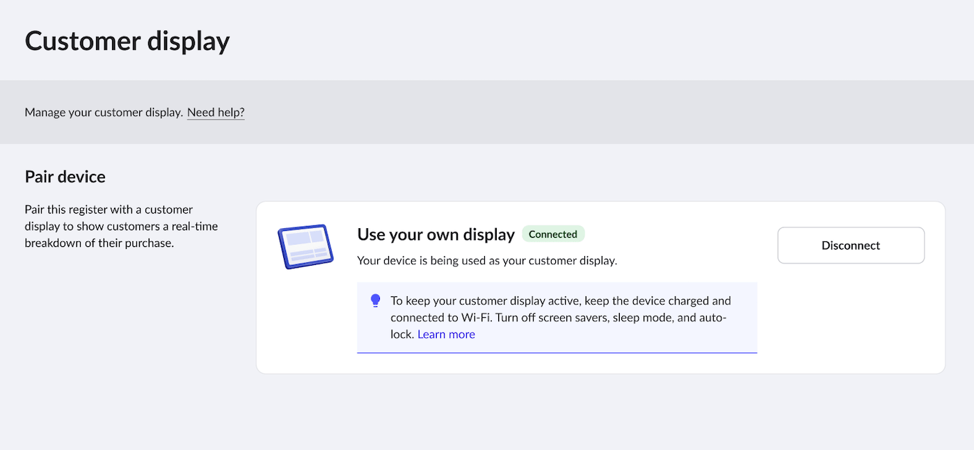 Customer display page with Use your own display Disconnect button.