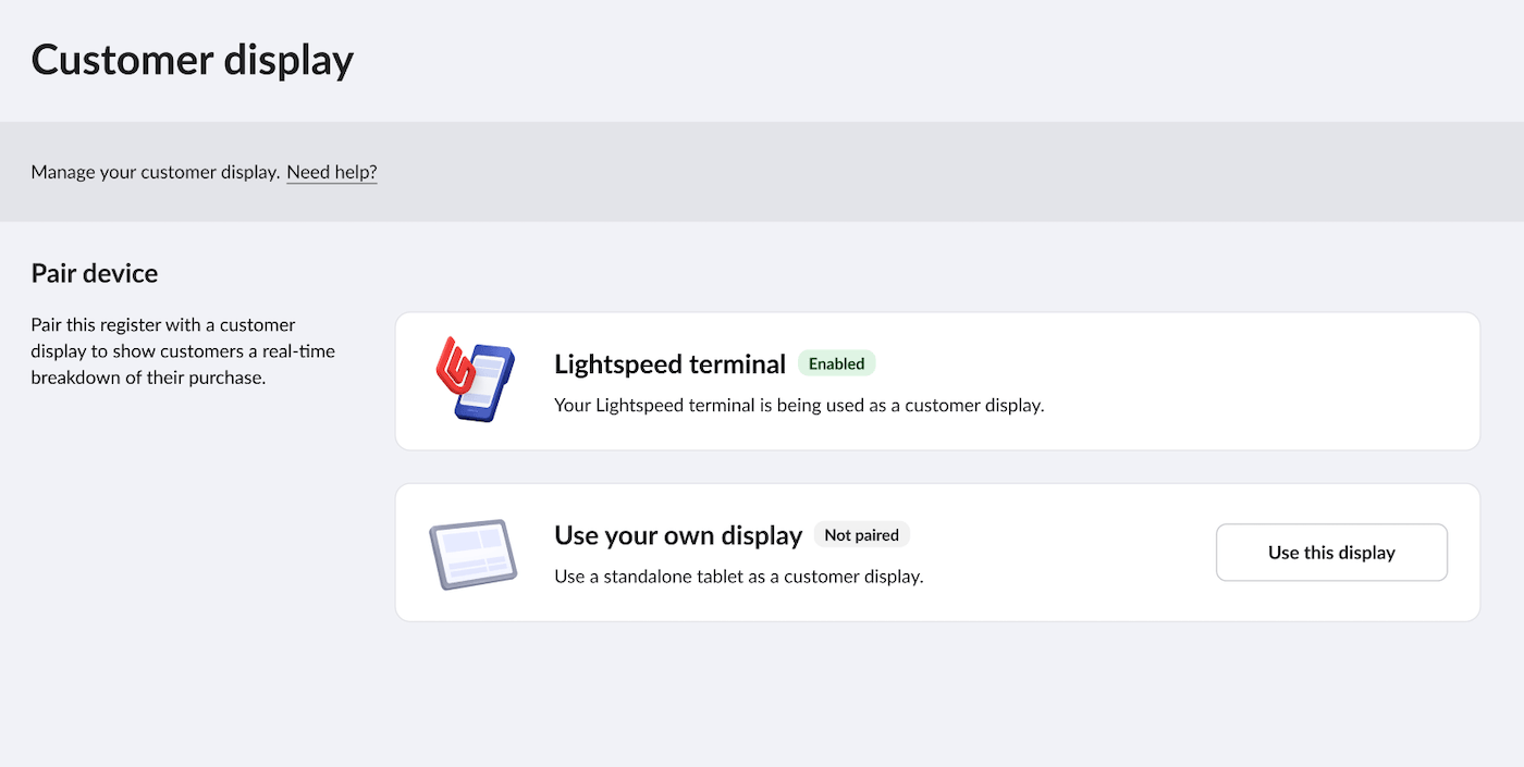 Customer display page with Lightspeed terminal enabled and option to Use your own display.