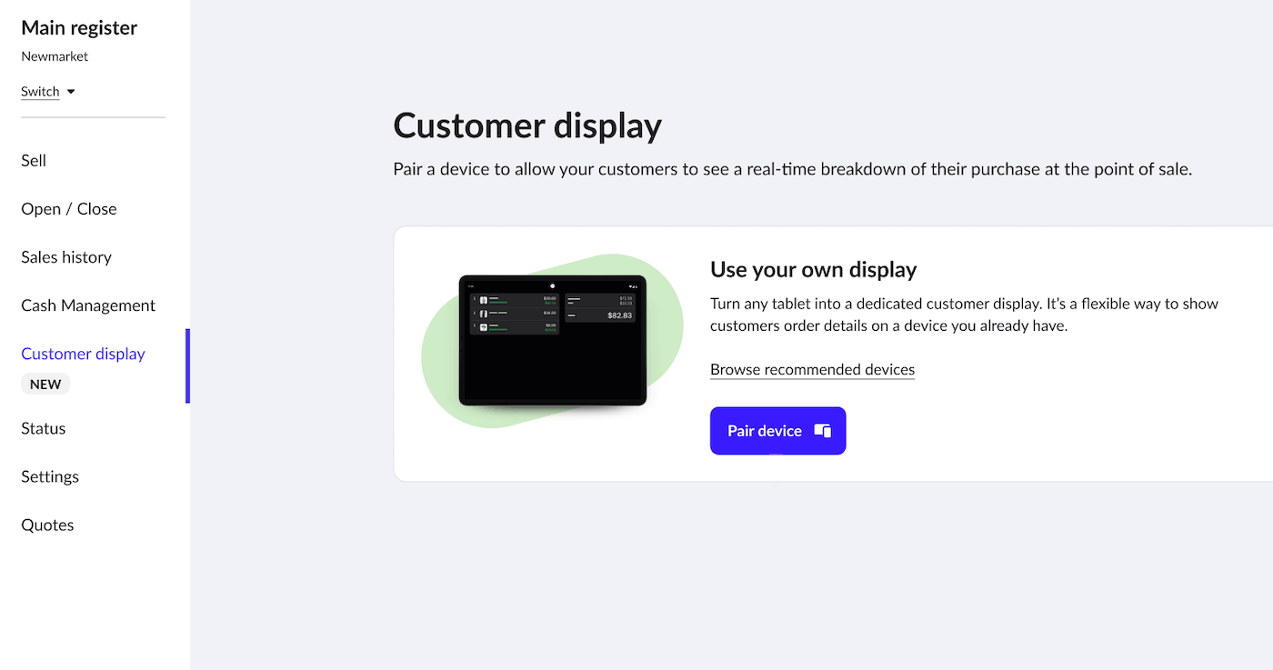 Customer display page with Pair device button.