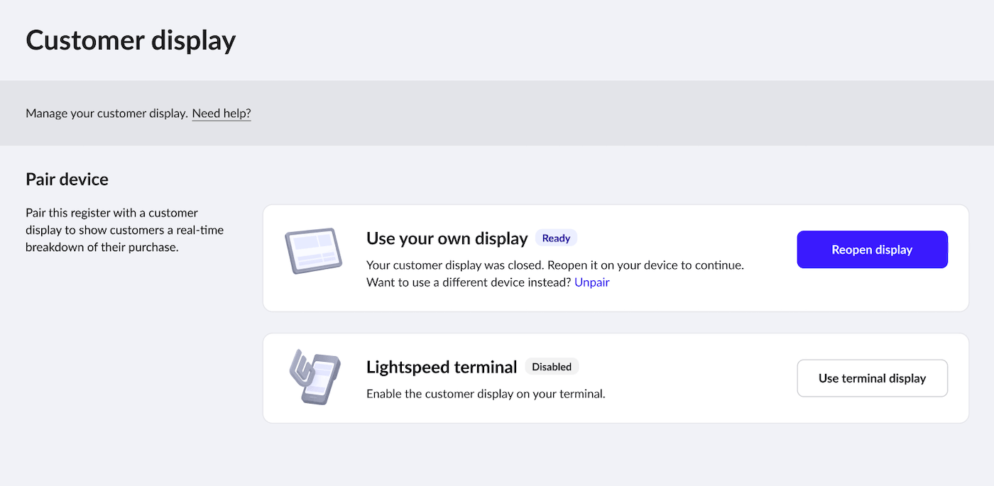 Customer display page with Reopen display button.