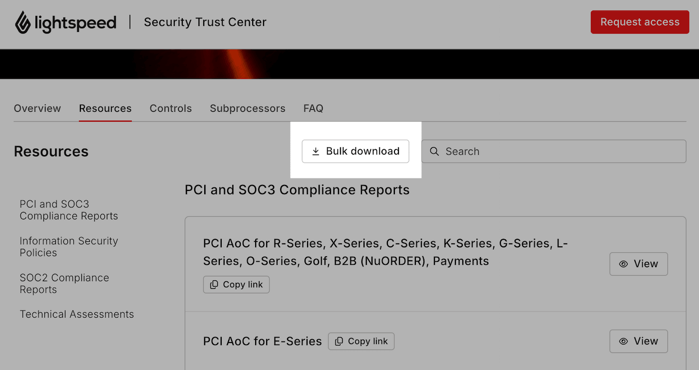 Tabblad 'Resources' van het Security Trust Center met de knop 'Bulk downloaden' gemarkeerd.