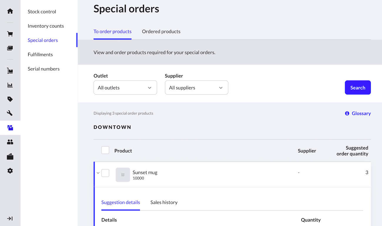 Special orders page.