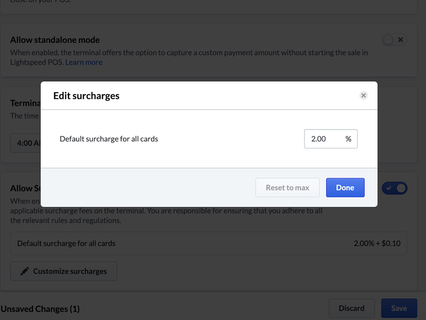 Pop-up allowing the user to customize the surcharge percentage