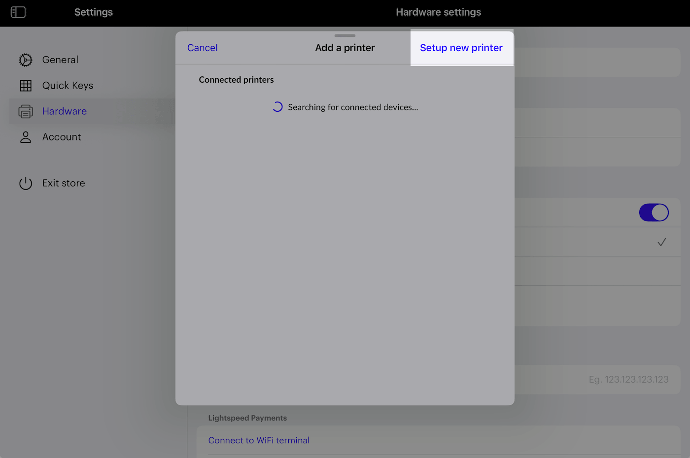Add printer pop-up with Setup new printer emphasized.