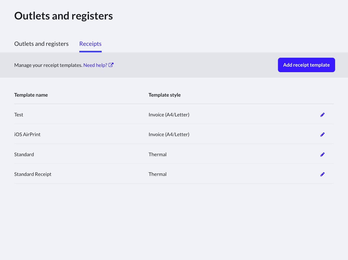 Outlets and registers page with Receipt tab selected.