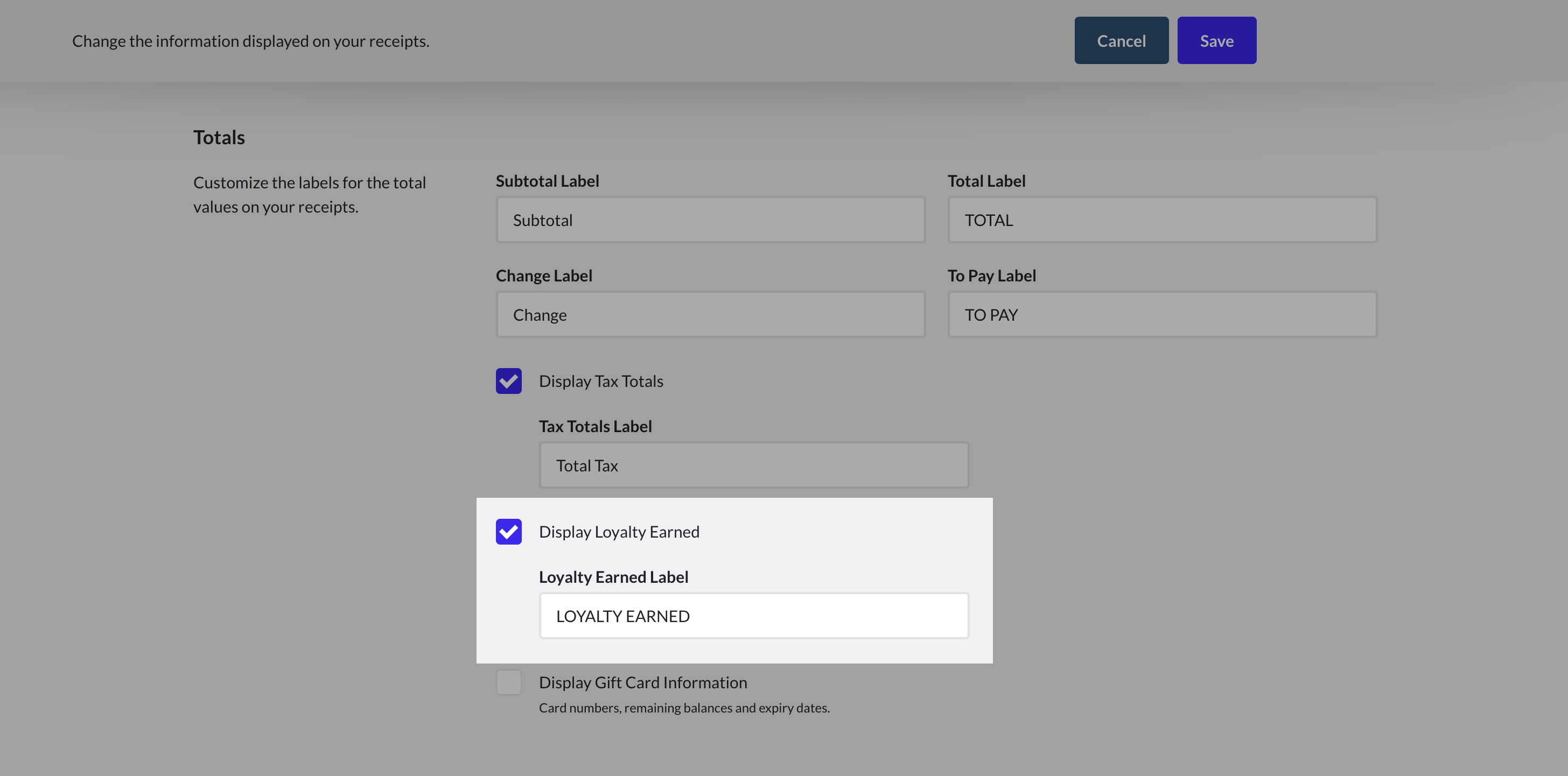 Totals section with Display Loyalty Earned option emphasized.