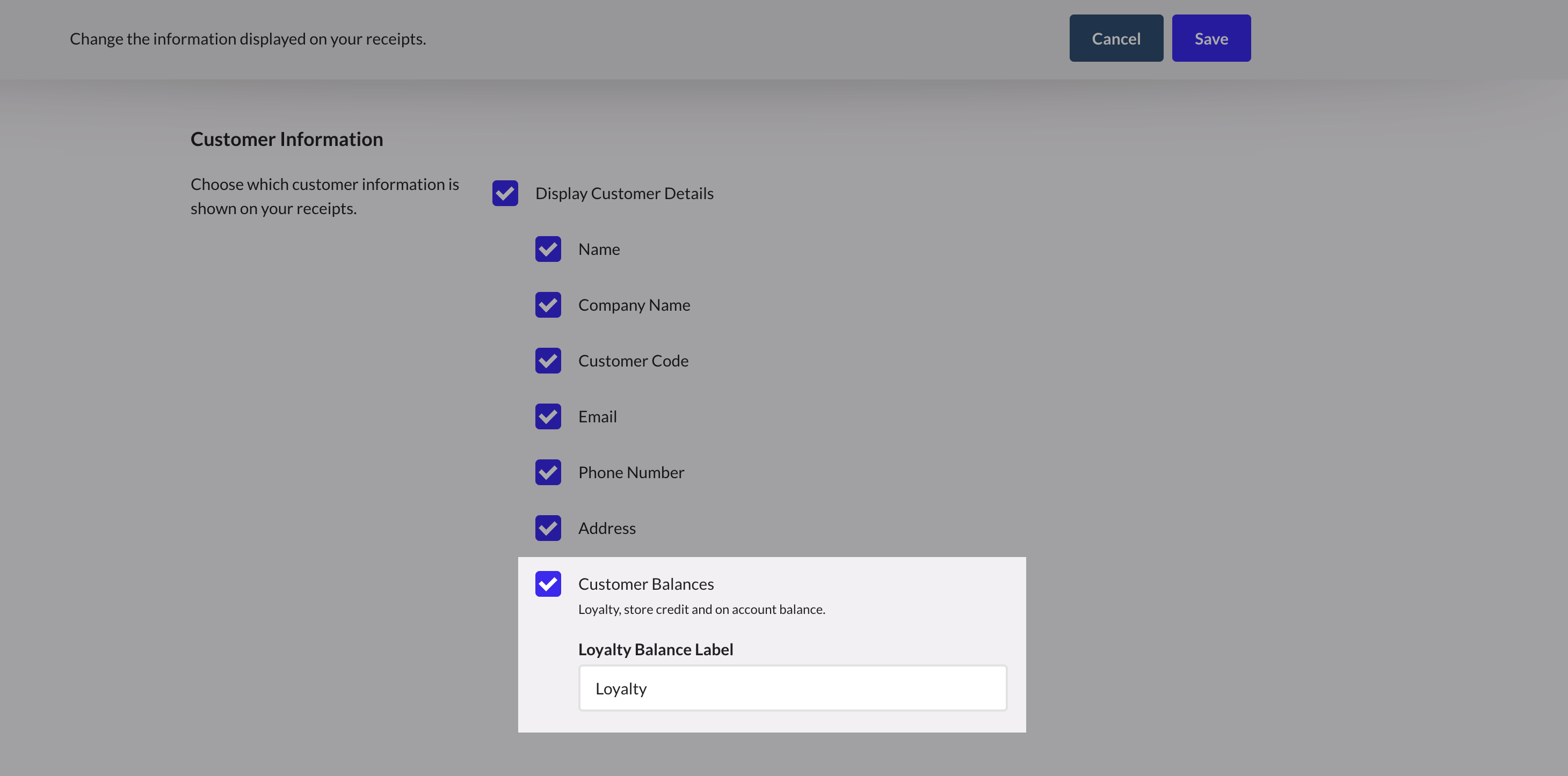 Customer Balances checkbox and Loyalty Balance Label emphasized.