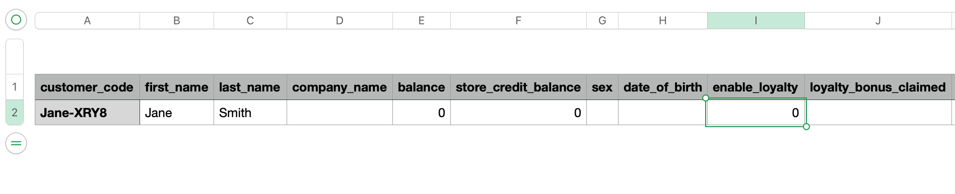 The enable loyalty column highlighted on the customer details CSV file.