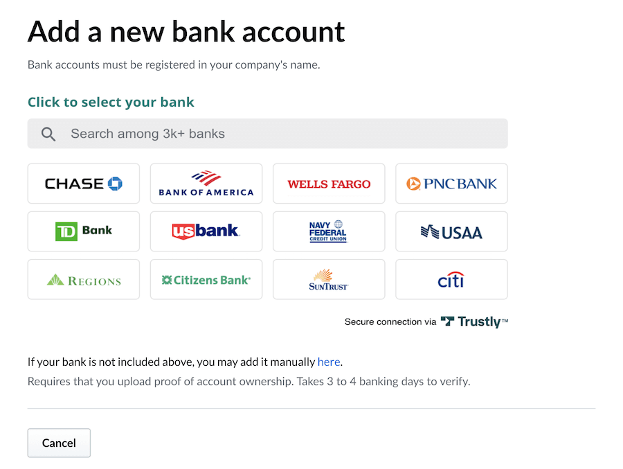 Lijst met ondersteunde banken waaruit kan worden gekozen en knop om handmatig een bank toe te voegen.