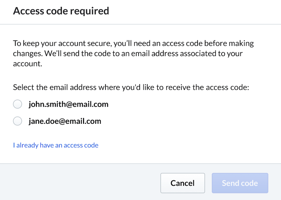 Pop-upvenster waarin wordt gevraagd naar welk e-mailadres de bevestigingscode moet worden verzonden.