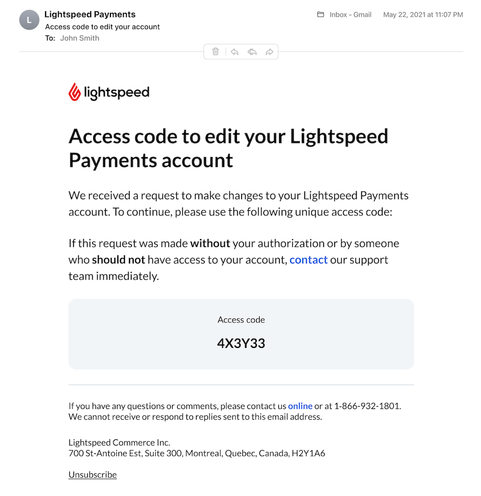 Een voorbeeld van een e-mail met toegangscode.
