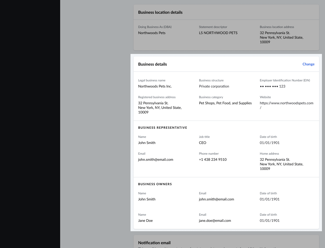 Gedeelte Bedrijfsgegevens op de pagina Instellingen van Financiële diensten.