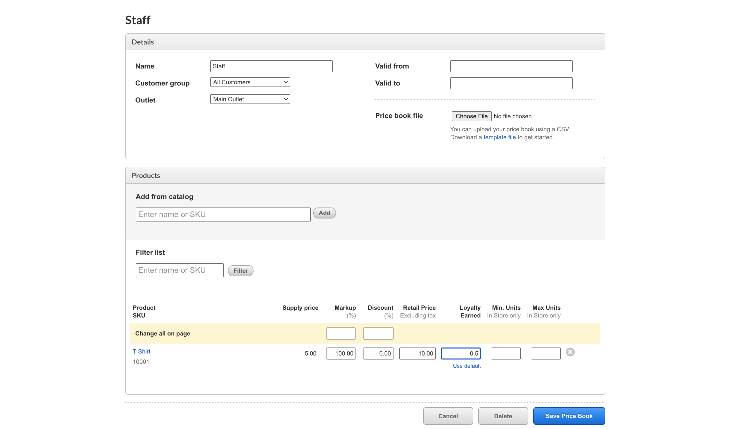 Staff price book page showing field to enter loyalty earned amount.