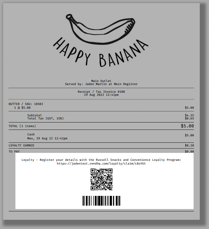 The Loyalty sign up QR code highlighted on a receipt.