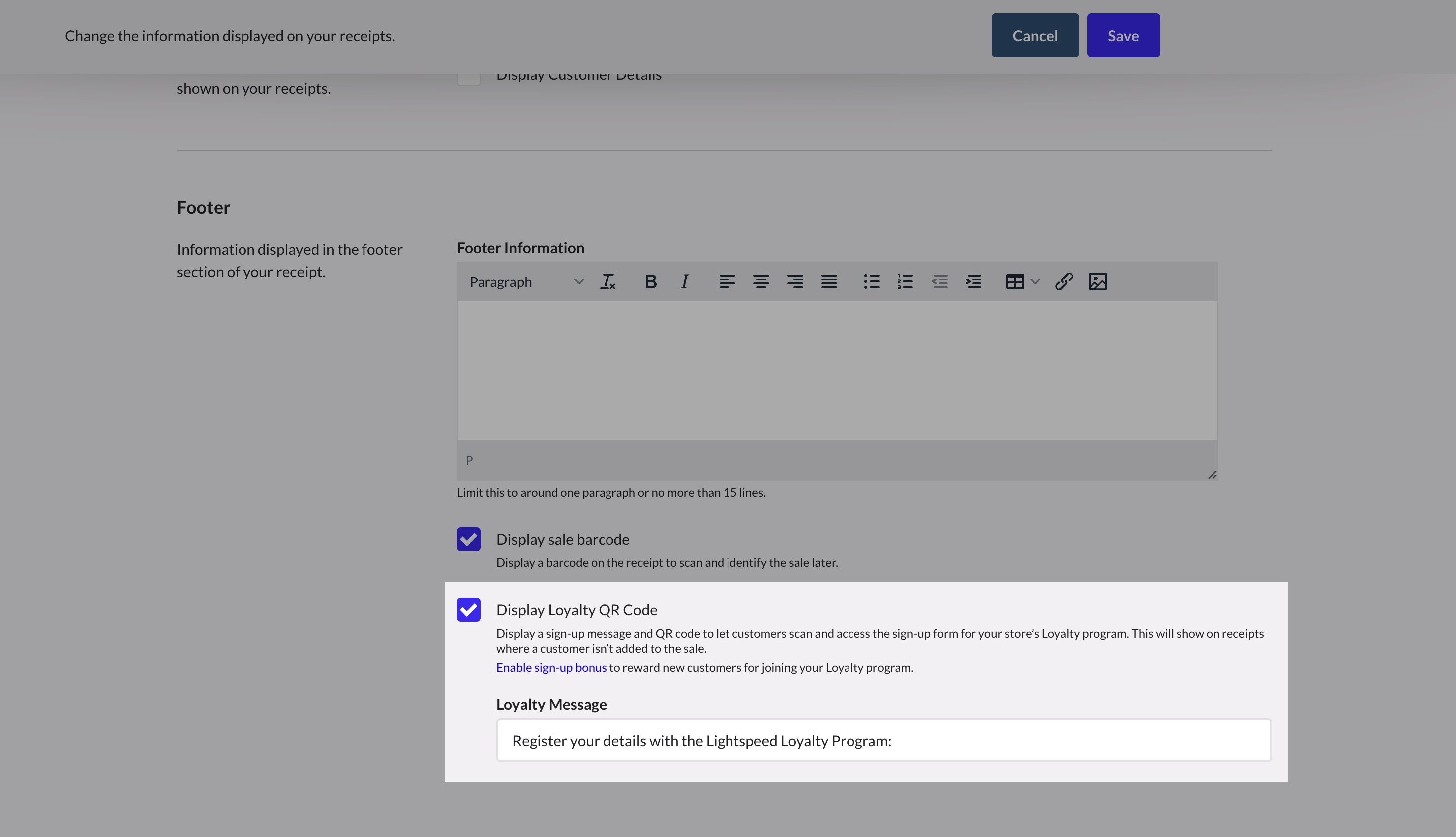 The Display Loyalty QR Code checkbox and Loyalty Message field highlighted in the Footer section.