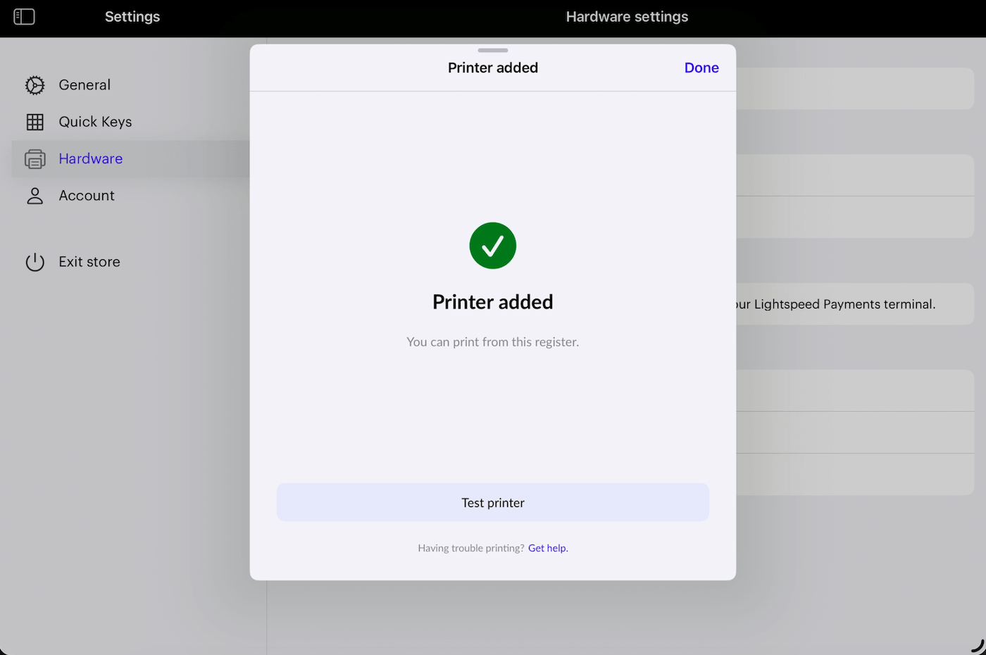 Fenêtre contextuelle 'Imprimante ajoutée' avec l'option 'Tester l'imprimante'.