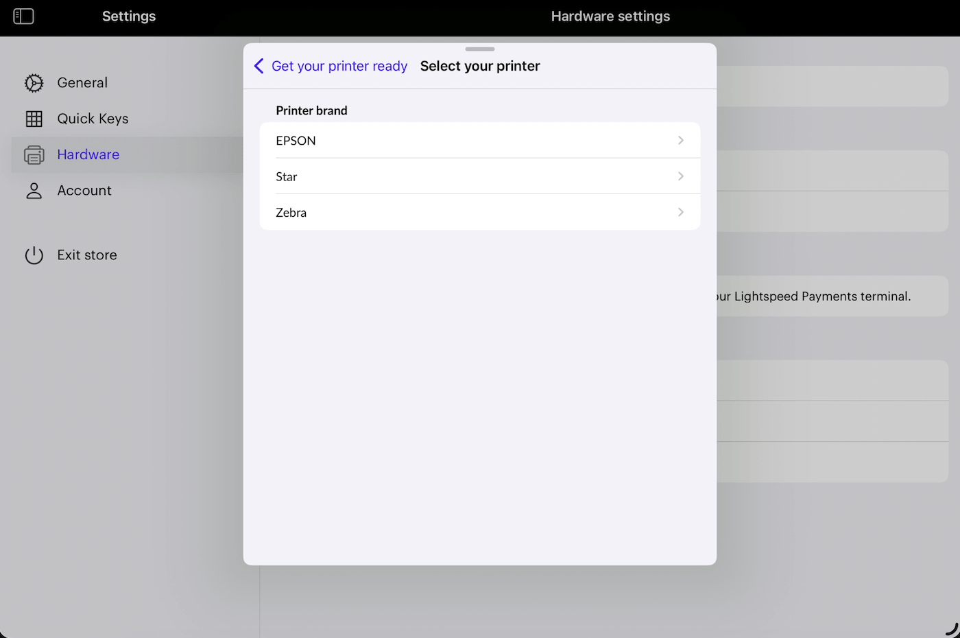 Liste des marques d'imprimantes, avec Zebra affichée comme option.