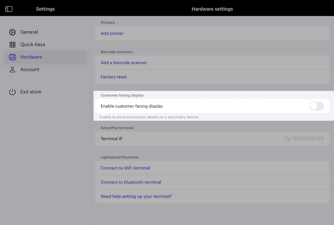 The Hardware settings page showing Enable customer facing display toggled on.