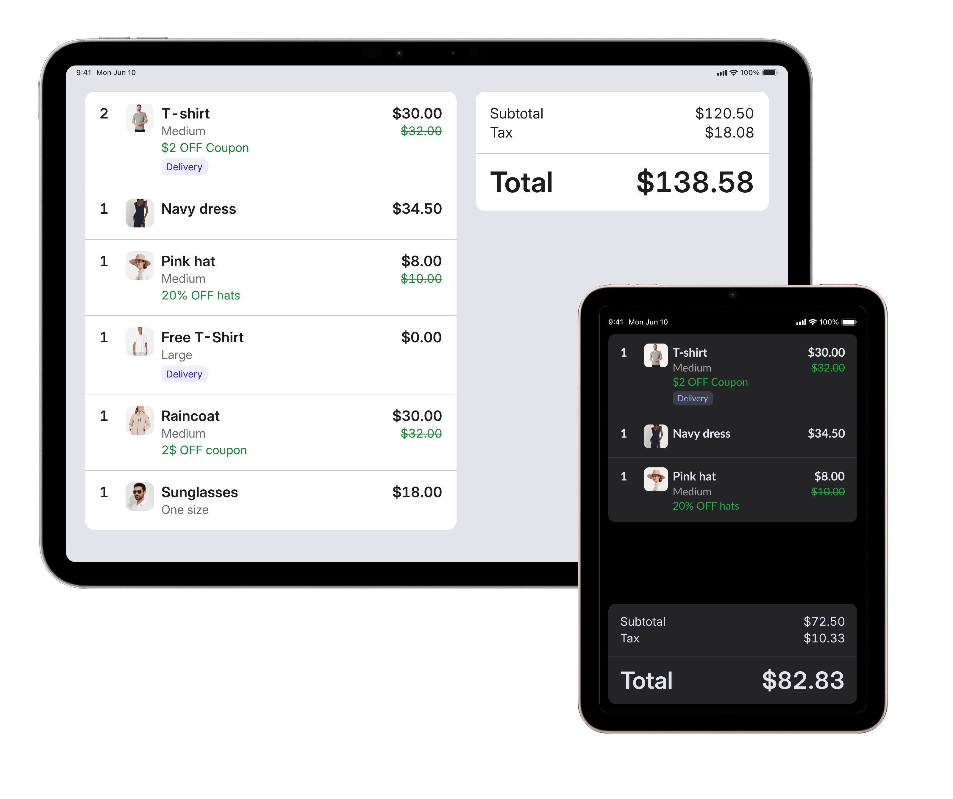 The customer facing device displaying sales details and total.