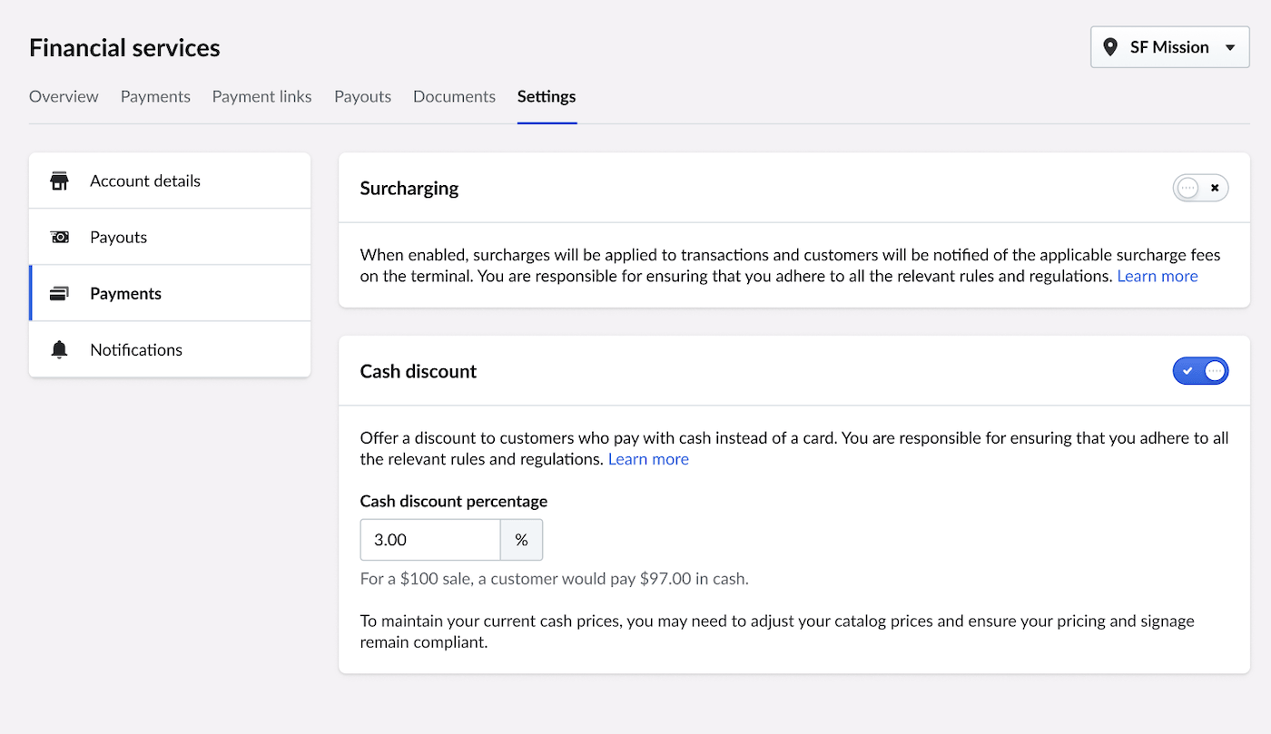 Finance page Settings tab showing Payments subtab with Cash discounting enabled.