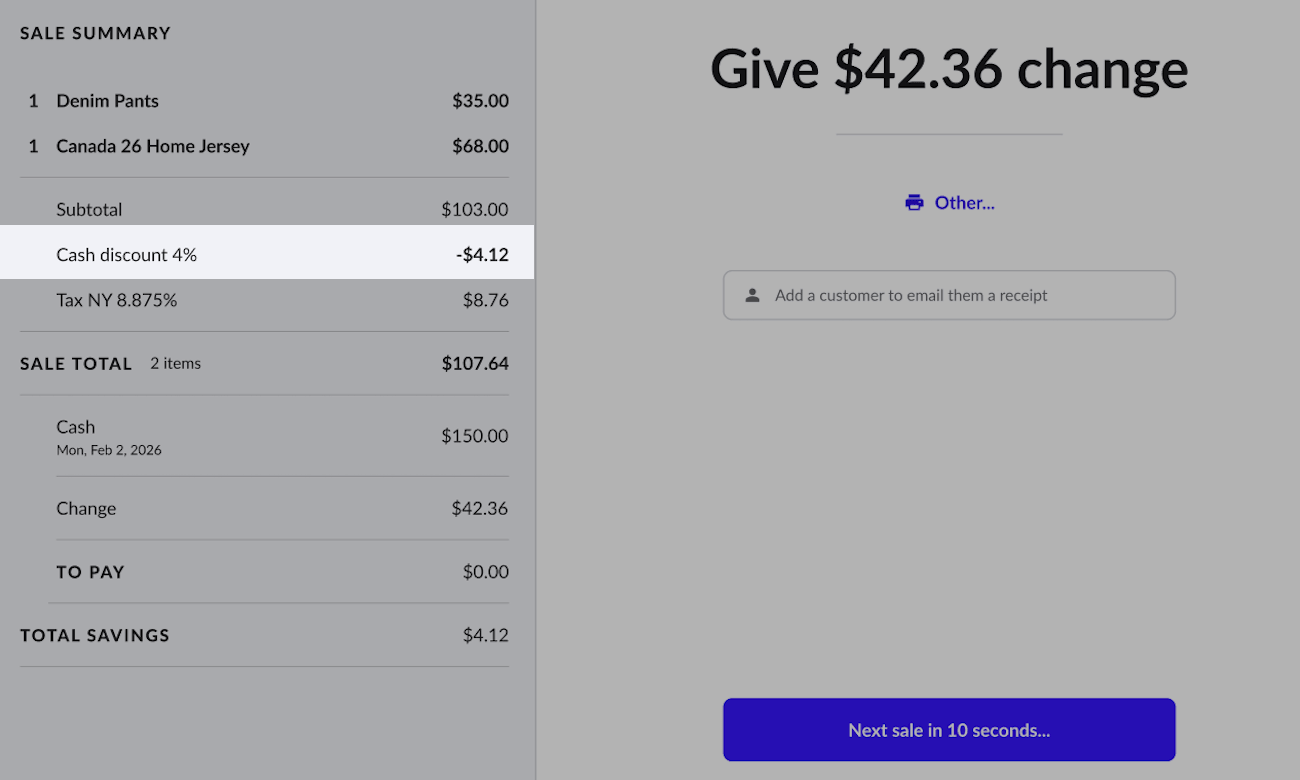 Sale summary page with cash discounting line highlighted.