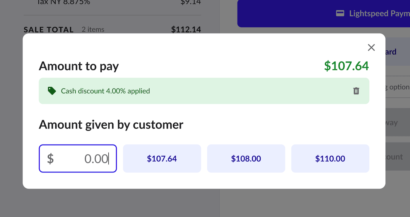 Amount to pay pop-up showing cash discount amount, trash icon, and Amount given by customer options.
