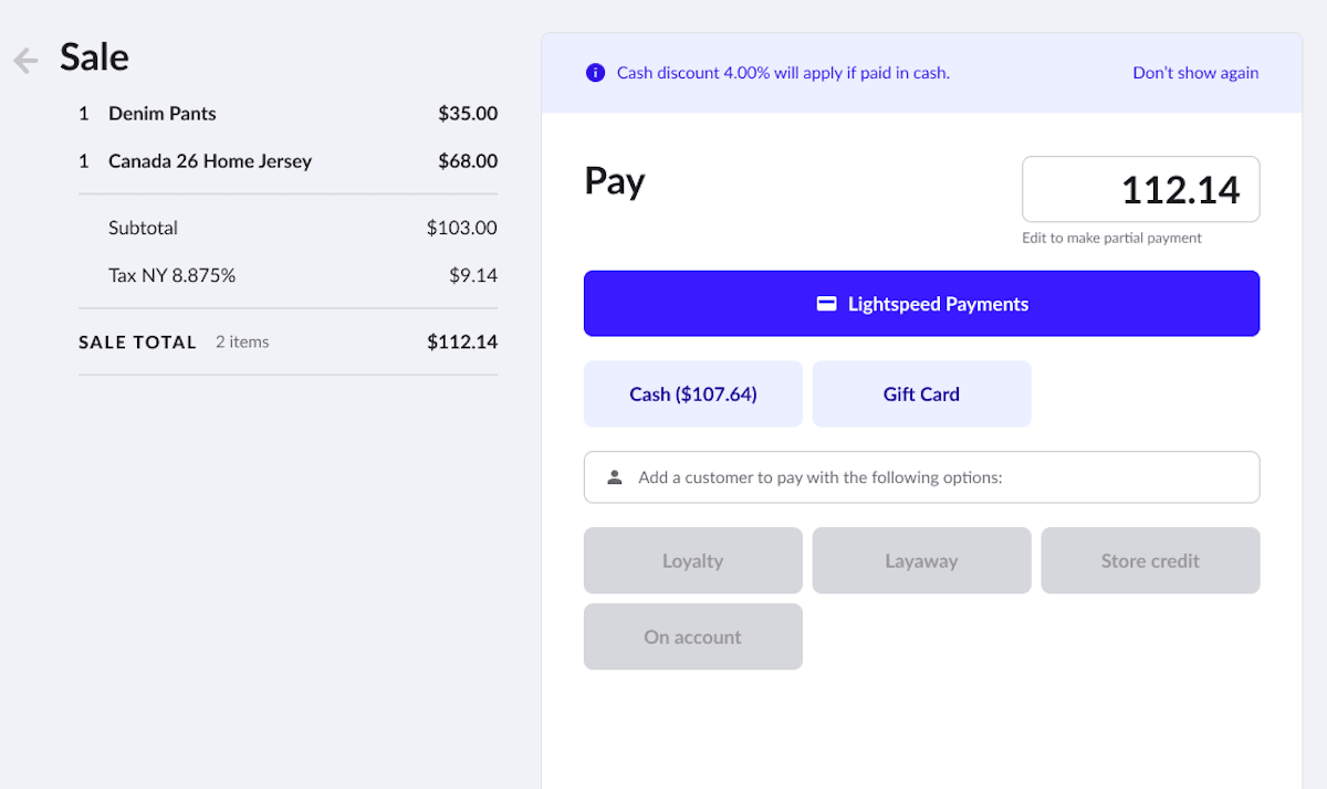 Sell screen Pay page with the Cash button showing total after cash discounting in brackets.