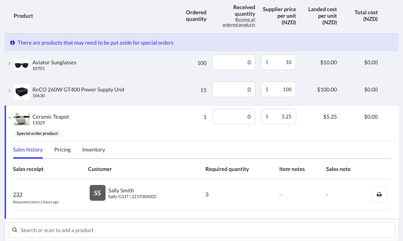 Receive delivery page with expanded product row.
