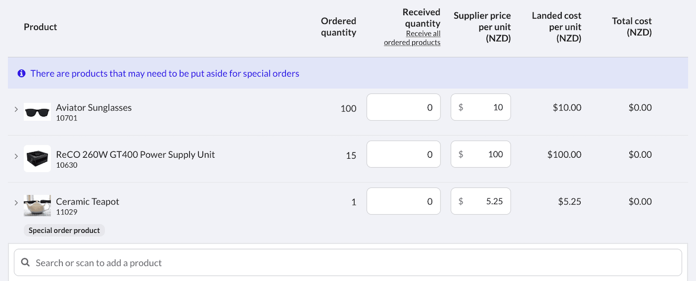 Receive delivery page showing the special orders banner and product tag.