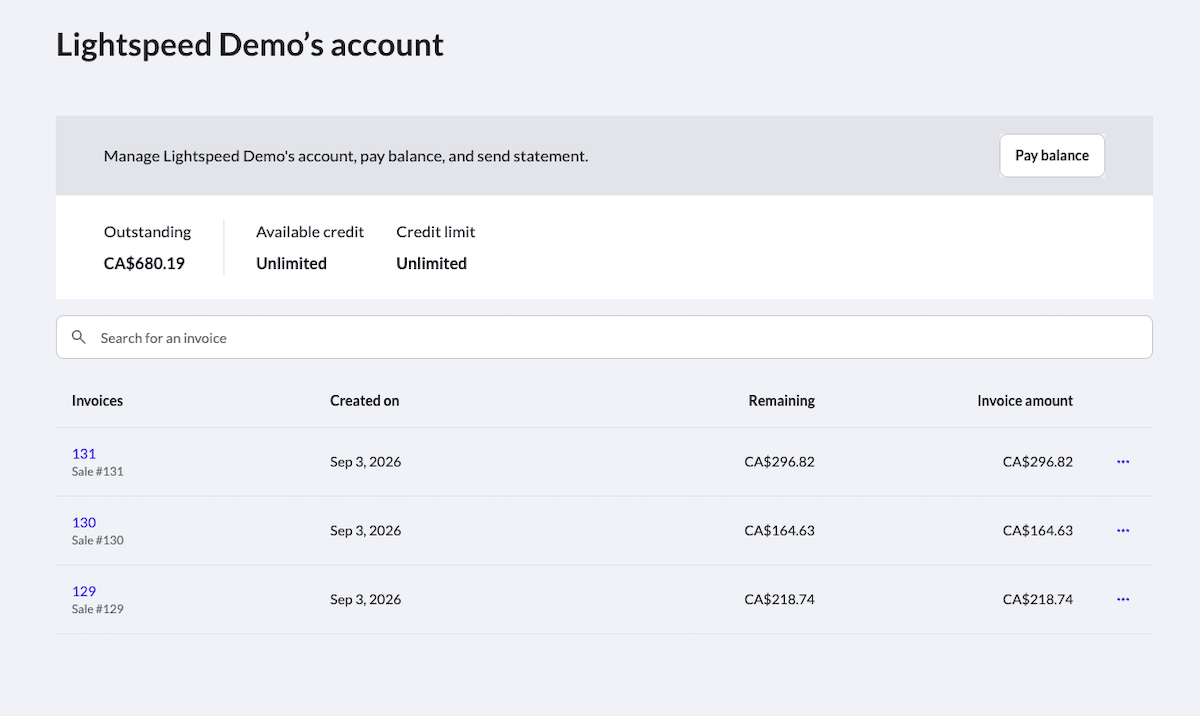 A customer's accounts receivable profile page with list of invoices.