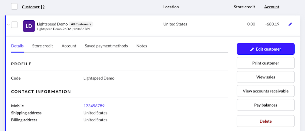 Expanded customer row showing the Details tab and options to manage the customer details.