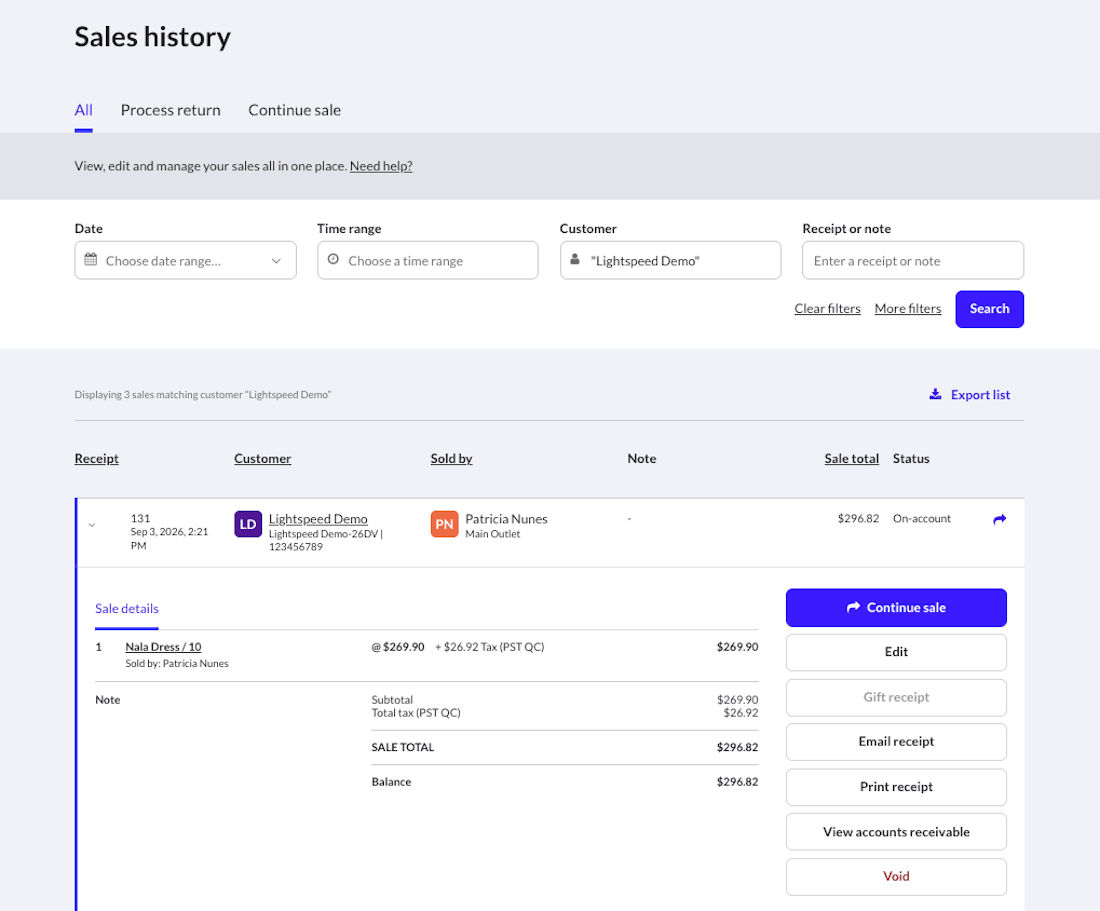 The Sales history page with an expanded sale showing the options to continue the sale, manage receipts, and view the accounts receivable page.