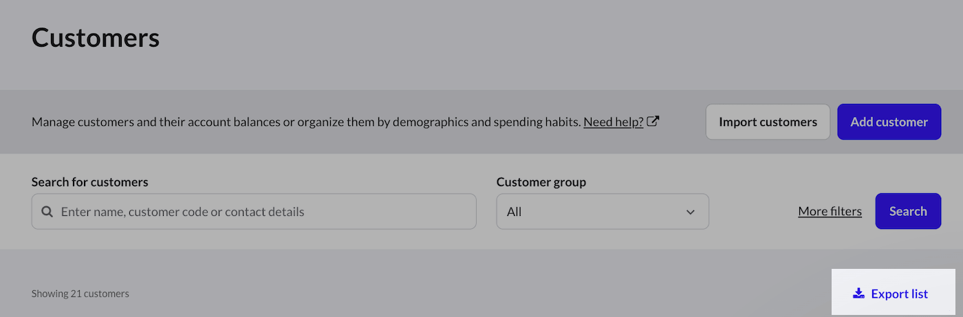 Customers page with Export list highlighted.
