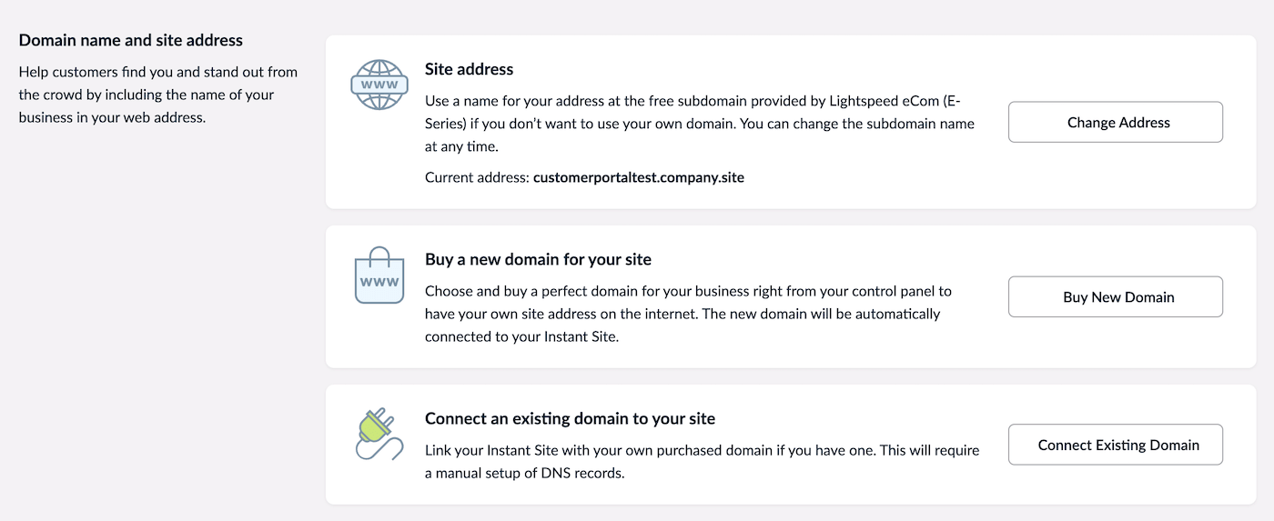Opties voor het instellen van de URL voor de sectie Domeinnaam en siteadres.