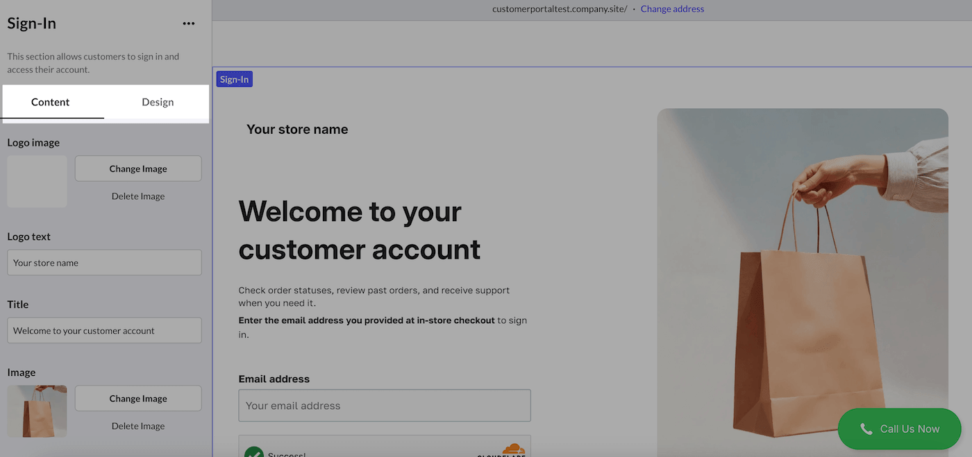 Tabbladen Inhoud en Ontwerp gemarkeerd in de pagina-editor voor klantaccounts.