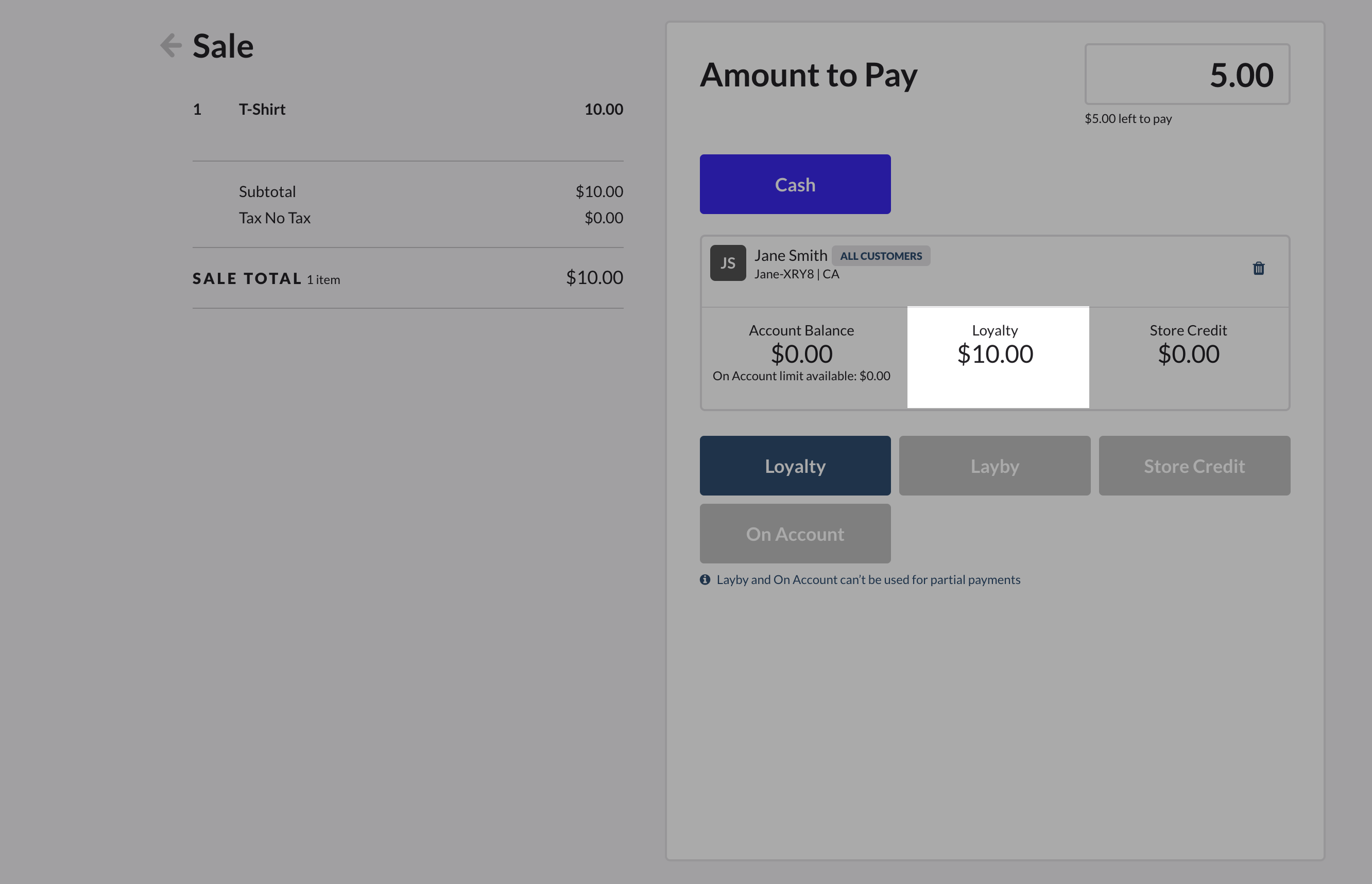 Loyalty balance highlighted on the sale screen at checkout.