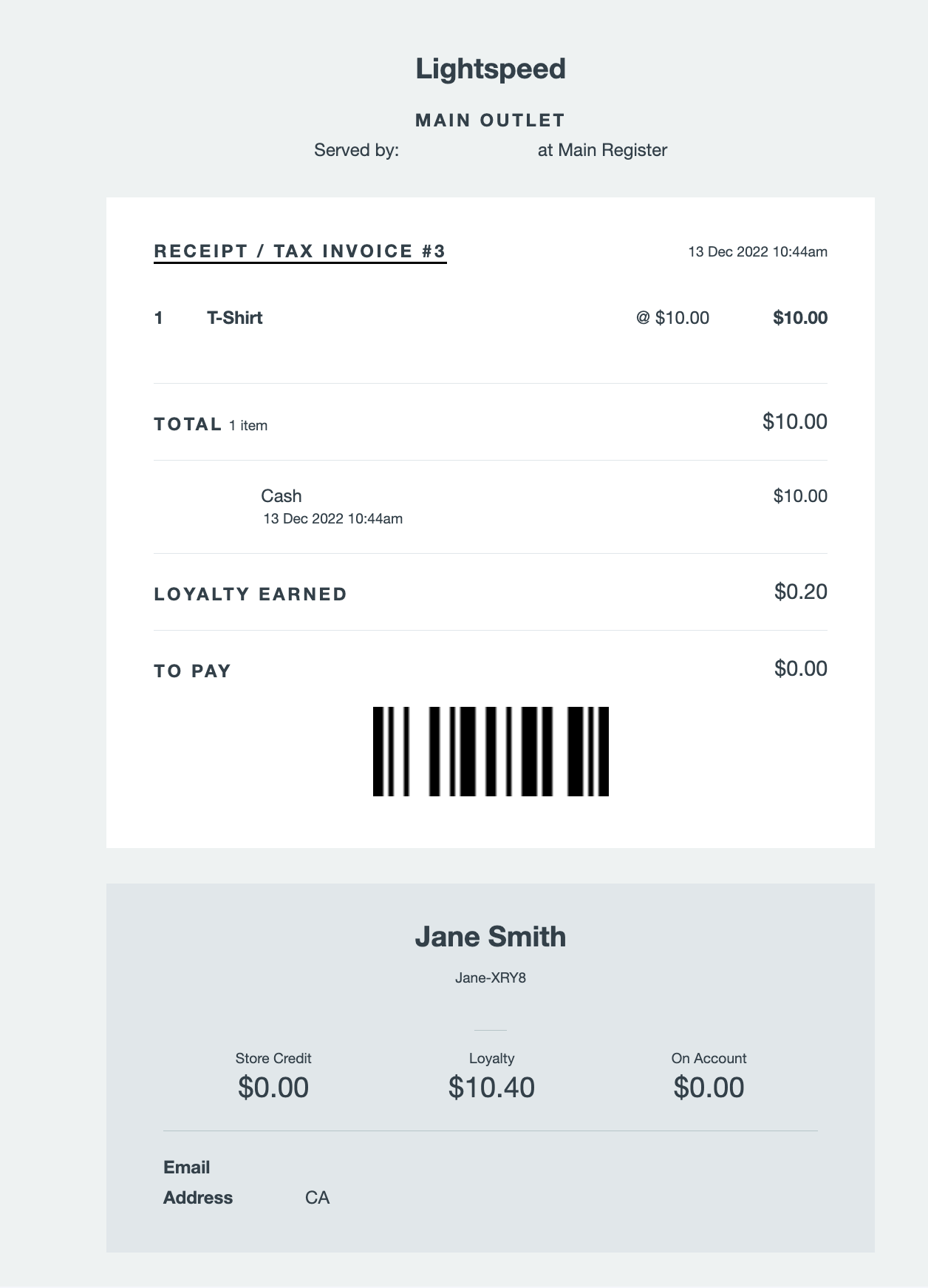 Loyalty earned displayed on an email receipt.