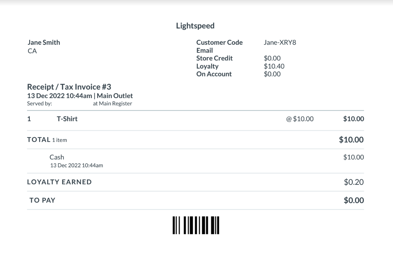 Loyalty balance displayed on the PDF email receipt.