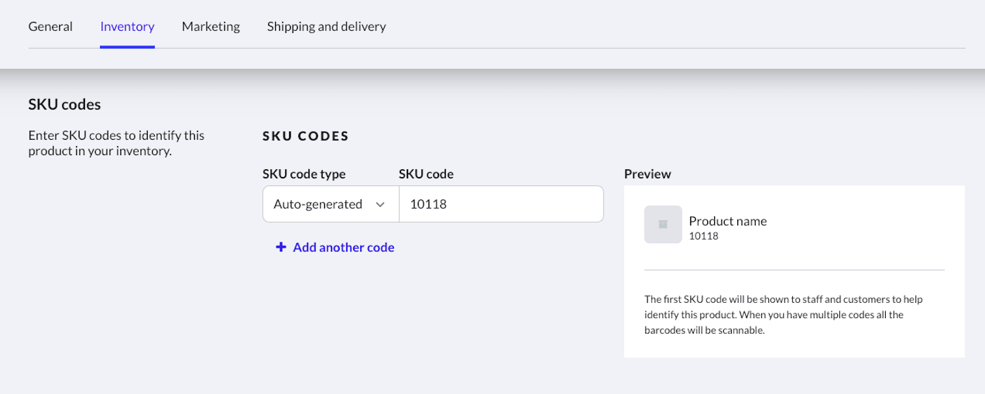 Gedeelte SKU-codes waarin de opties uit de vervolgkeuzelijst onder Type SKU-code te zien zijn.