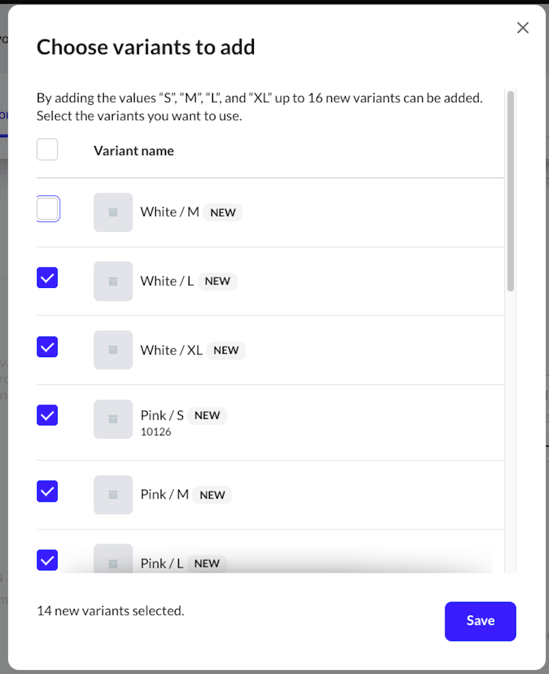 Pop-upvenster voor het kiezen van varianten om toe te voegen.