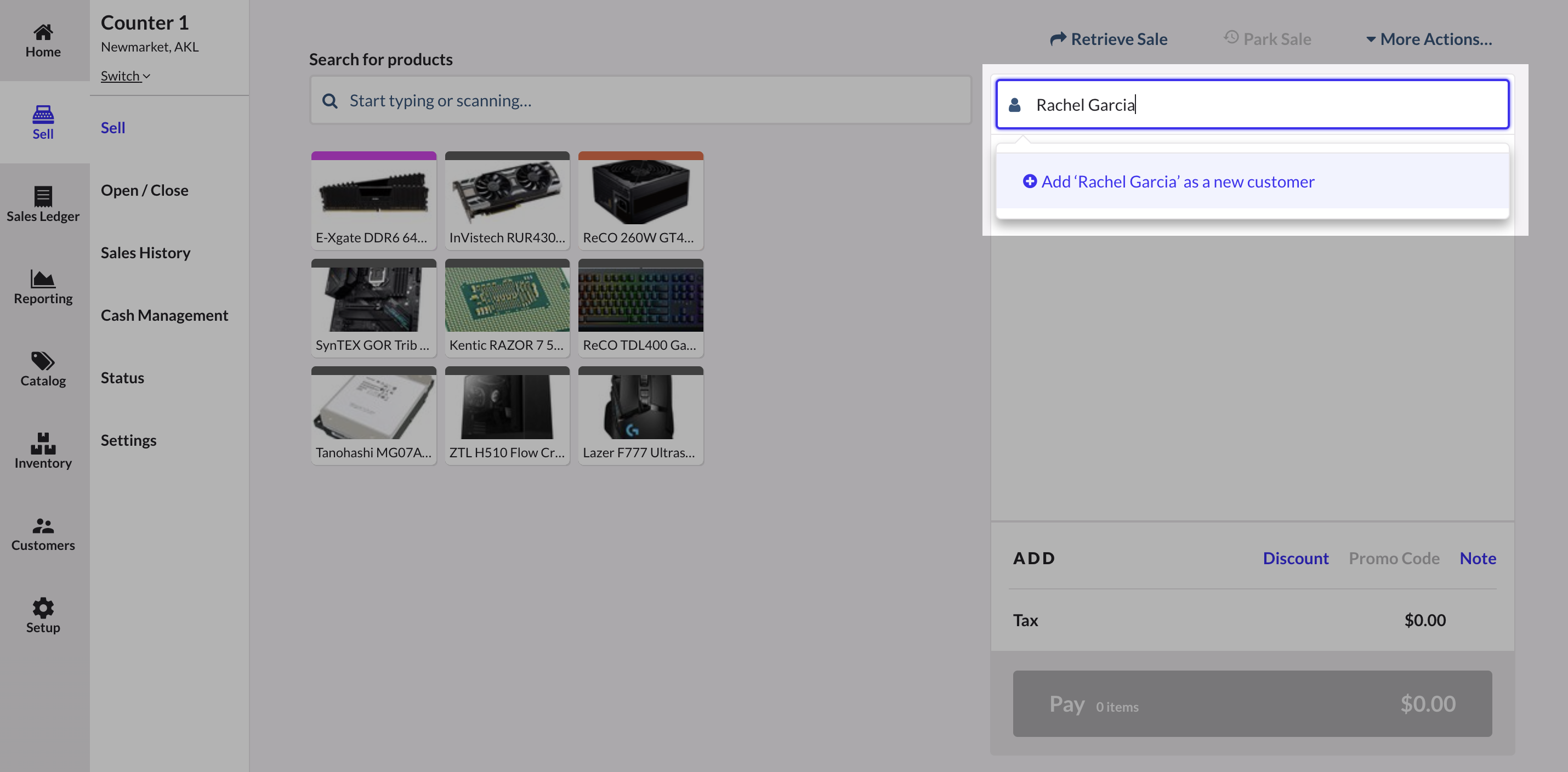 The Add new customer field highlighted on the sell screen.