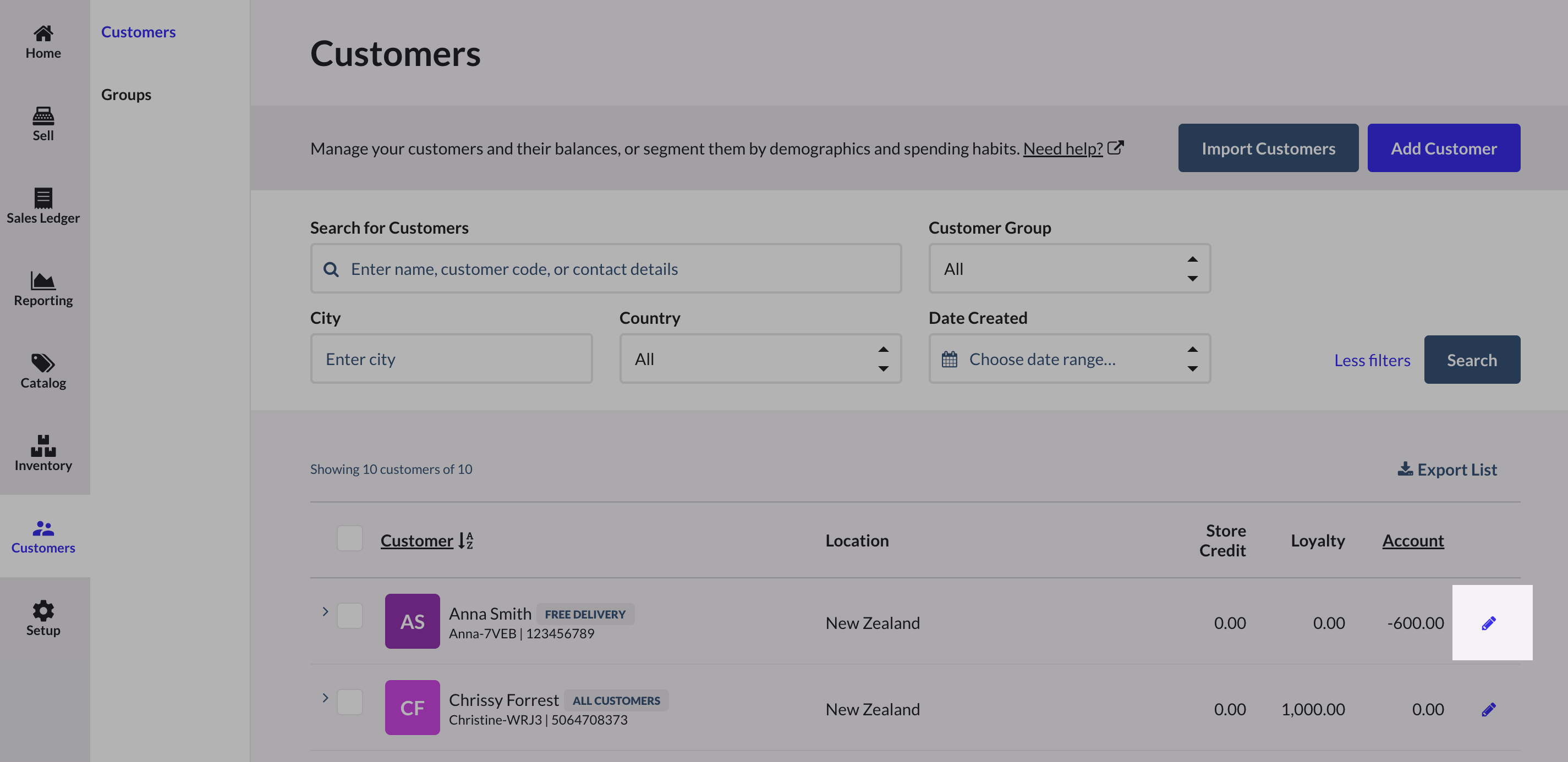 The edit pencil icon highlighted on the Customers page.