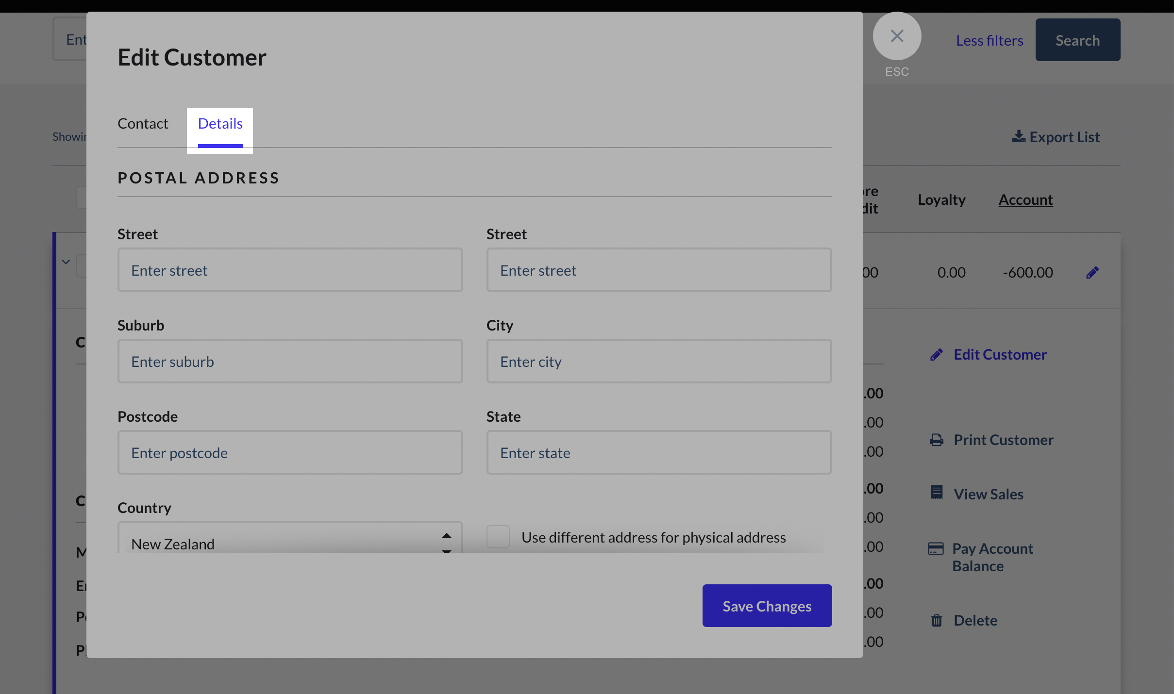 The Details tab highlighted on the Edit Customer pop-up.