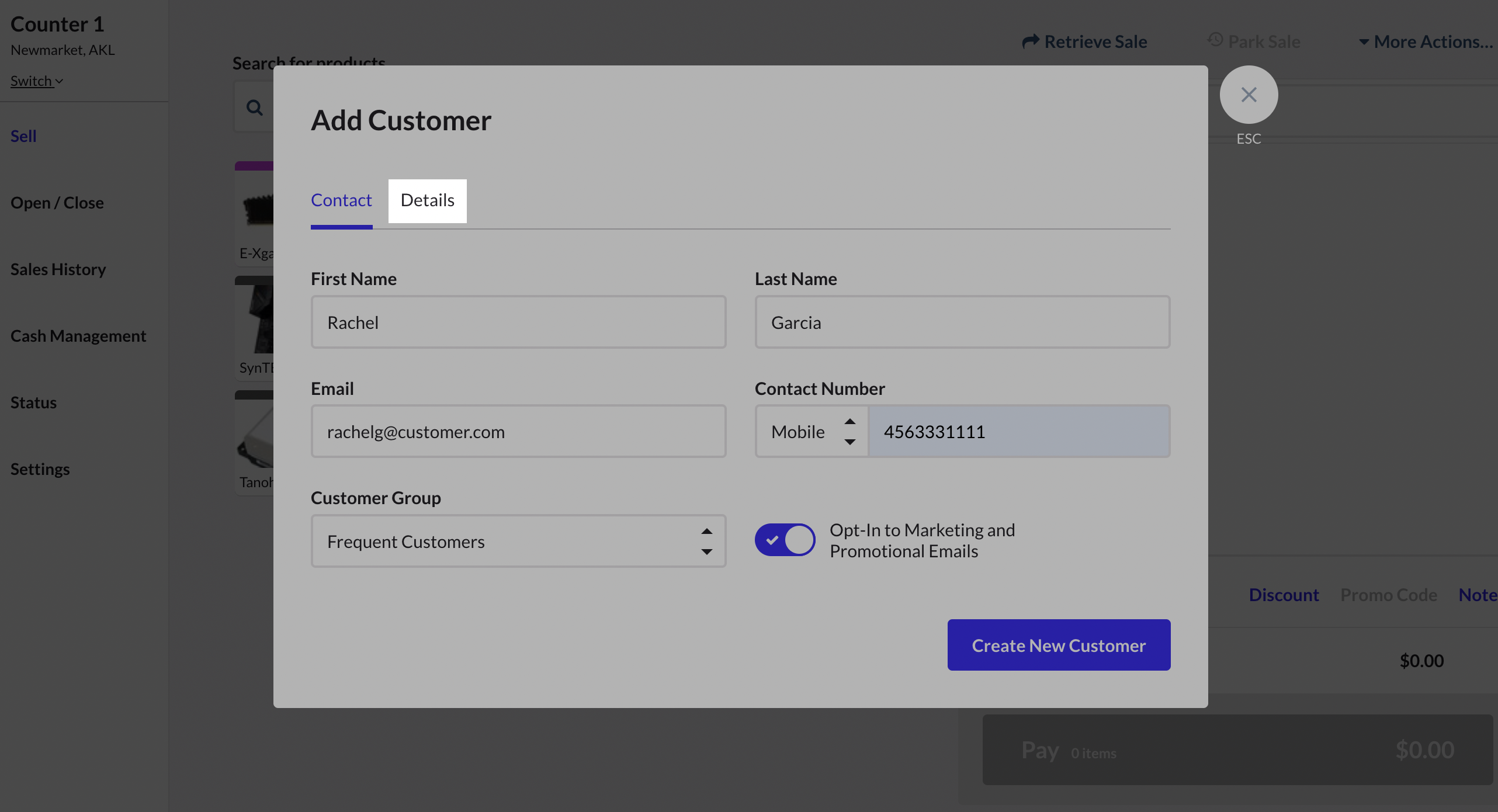 The Details tab highlighted on the Add Customer pop-up.