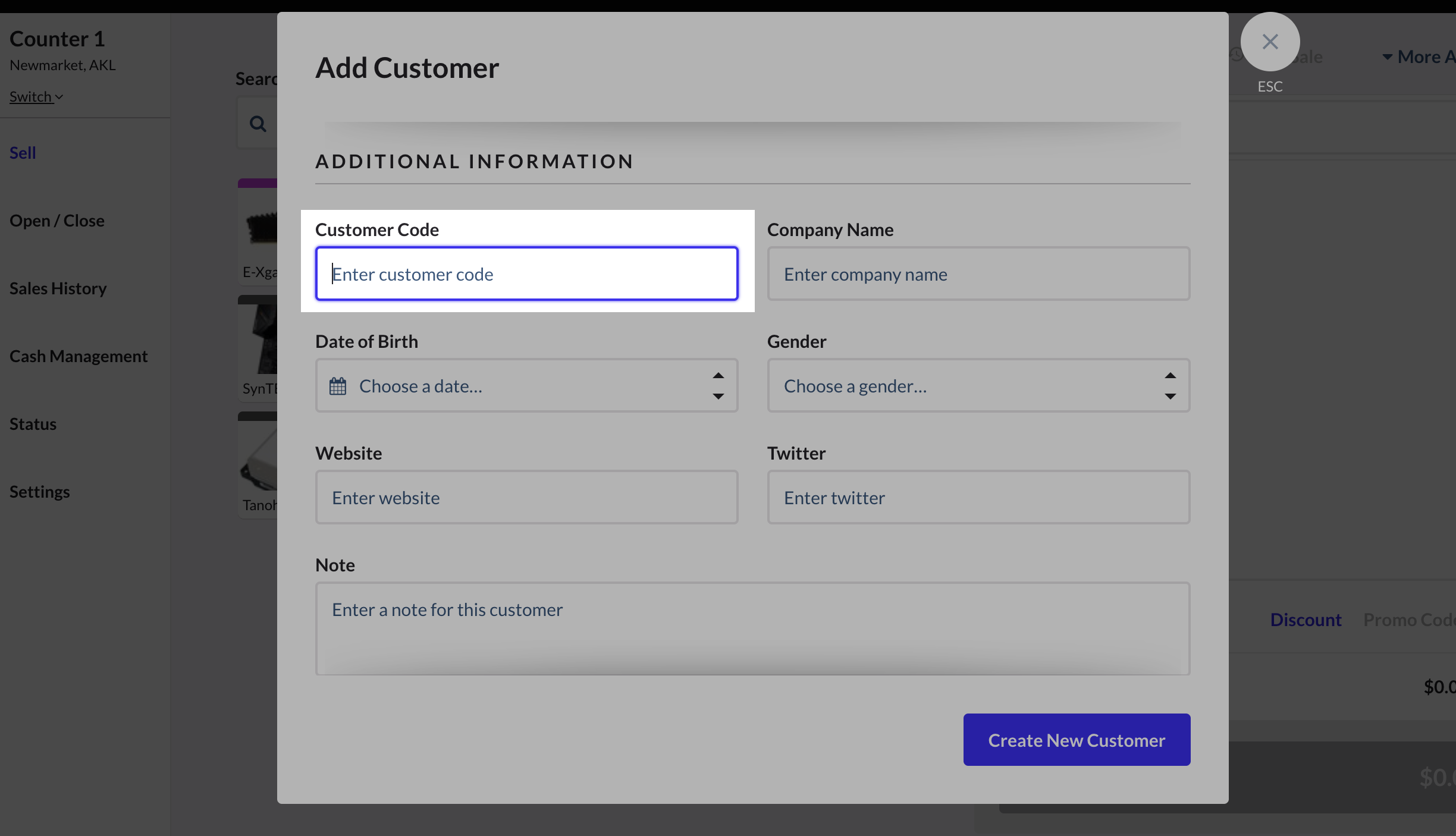The Customer Code field highlighted on the Add Customer pop-up.
