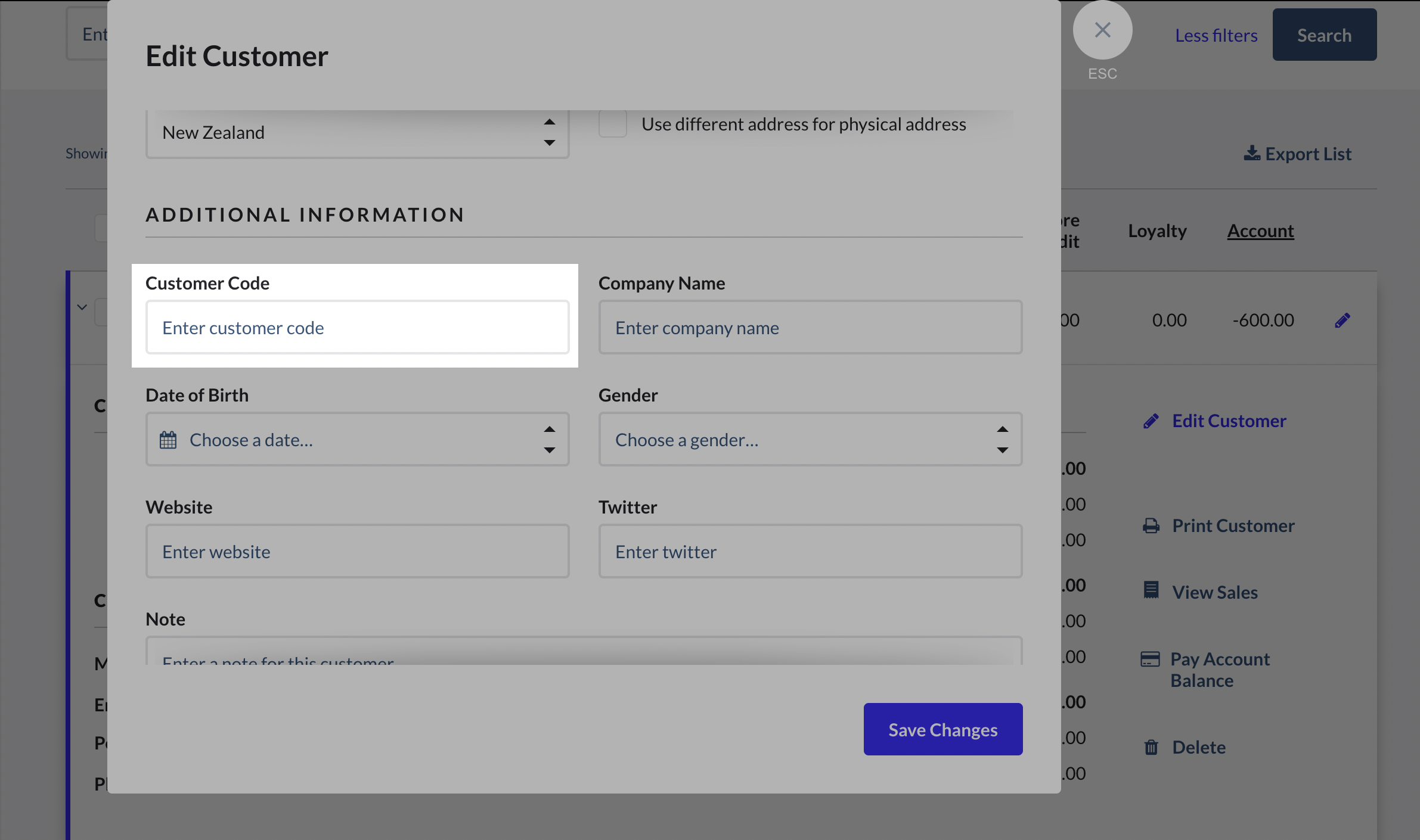 The Customer Code field highlighted on the Edit Customer pop-up.