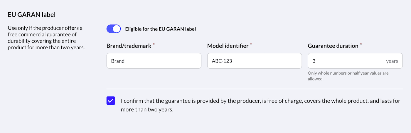 EU GARAN label section with Eligible for the EU GARAN label toggled on.