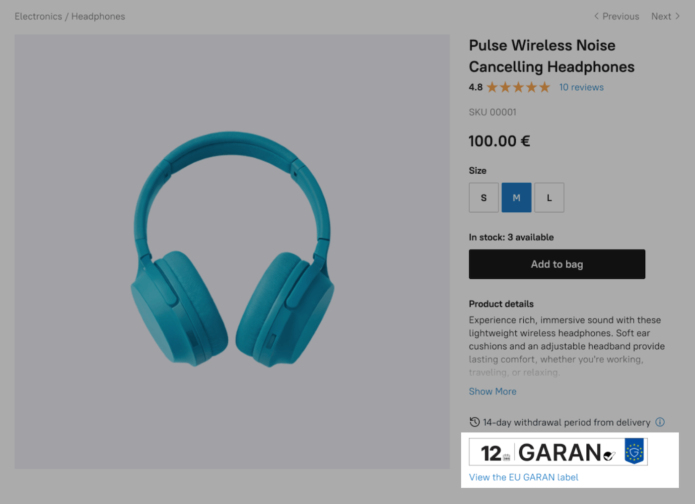 EU GARAN label example on a product page.
