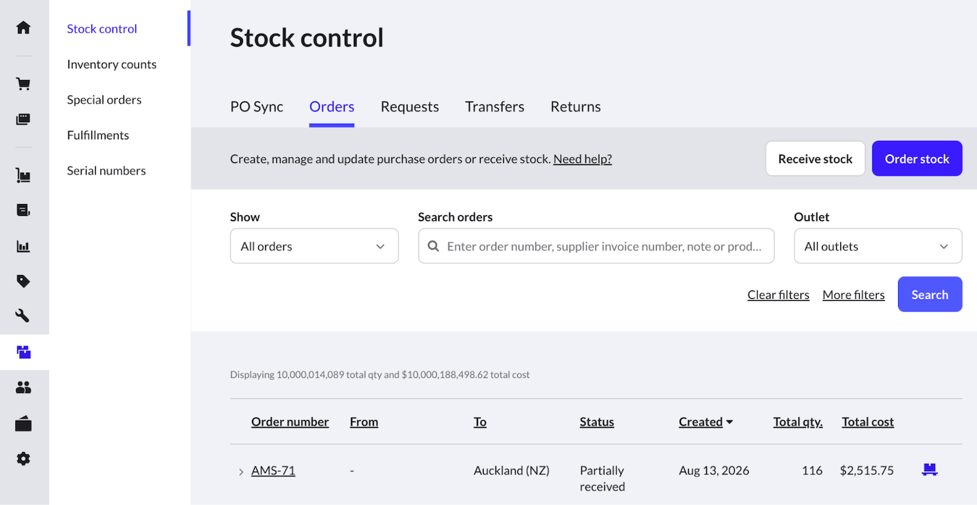 Stock control page with Order stock button.