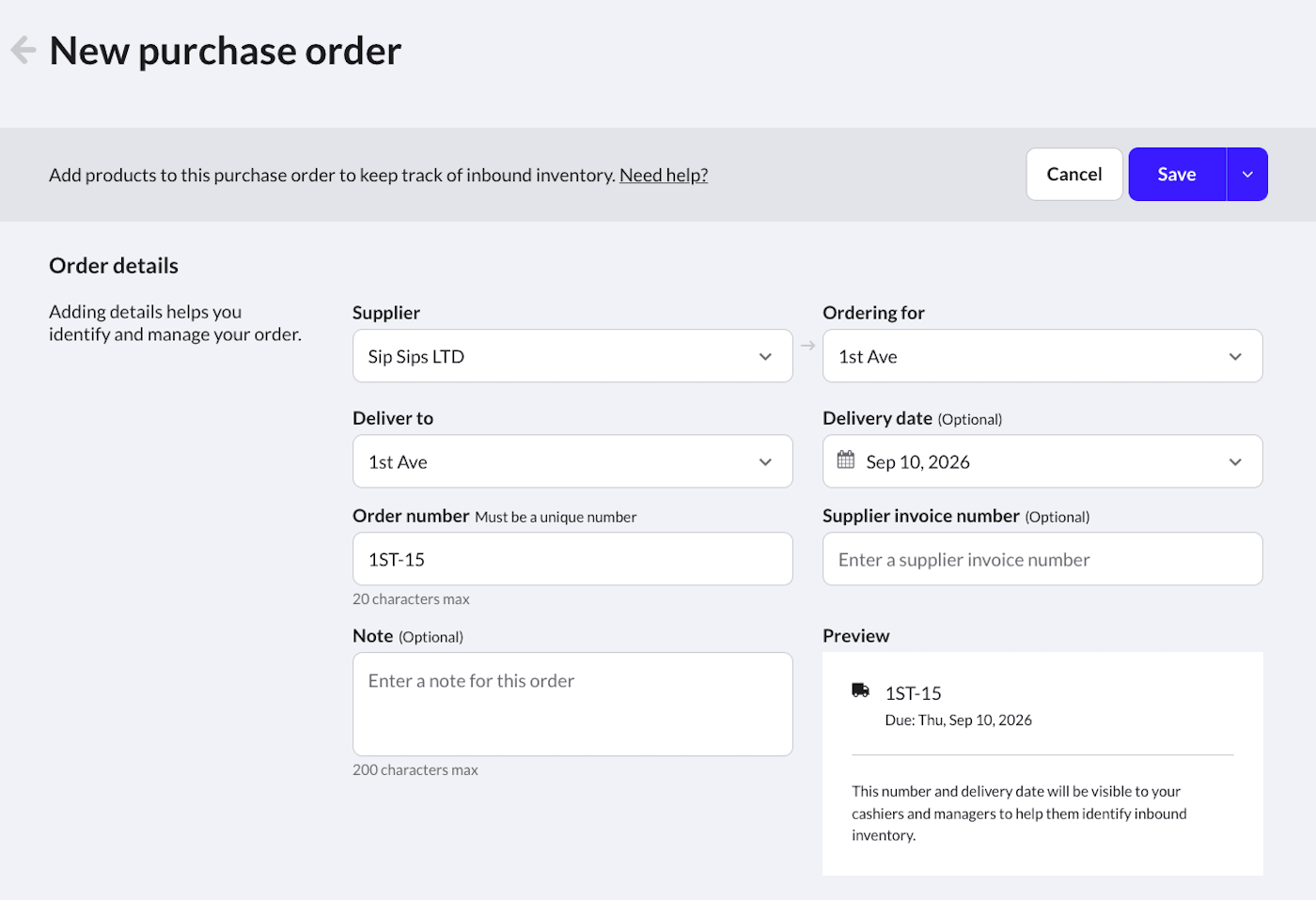 New purchase order page.